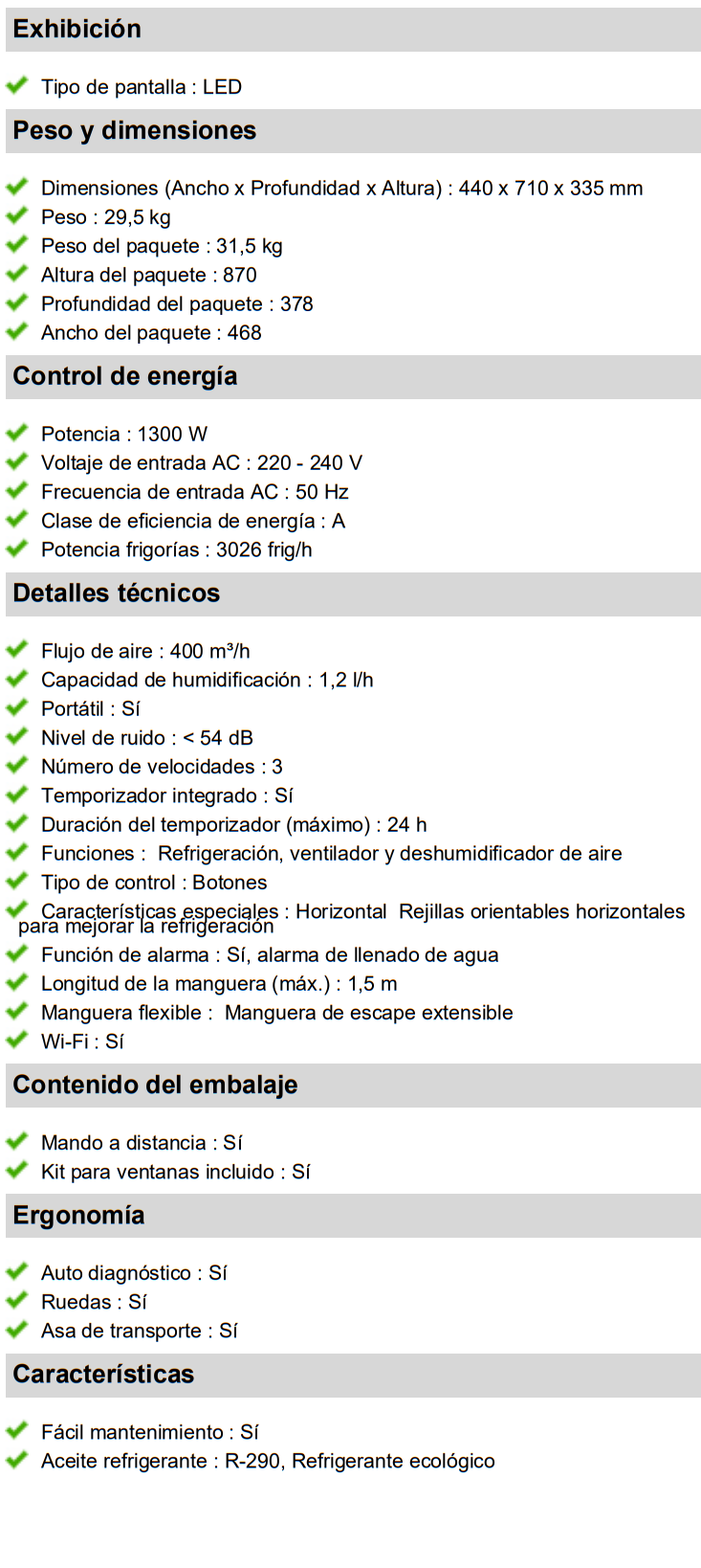 Especificaciones Técnicas del Aire Acondicionado Portátil 1P Económico con Mando
